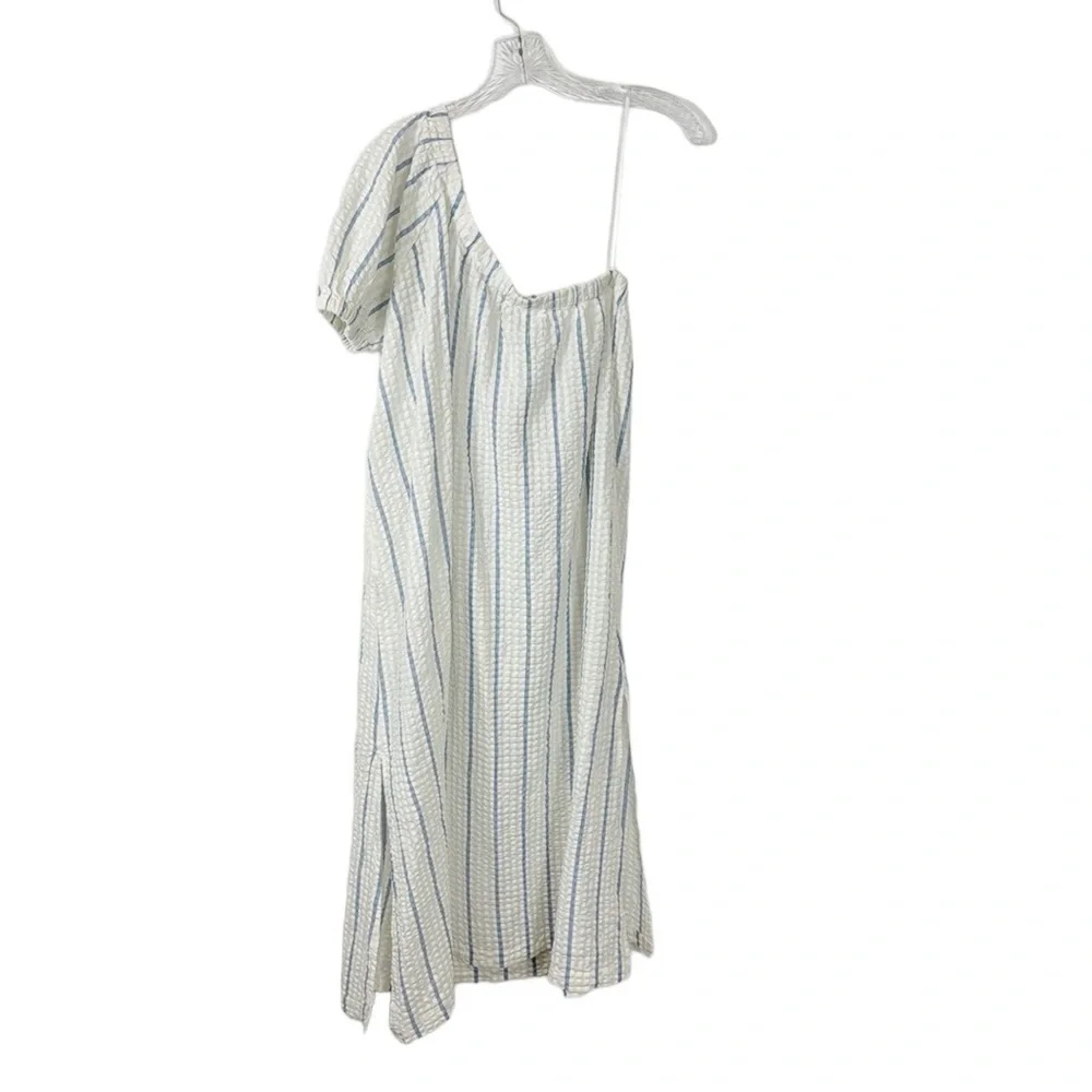 Madewell One-Shoulder Puff-Sleeve Midi Dress Women's XS Blue Striped‎ NWT